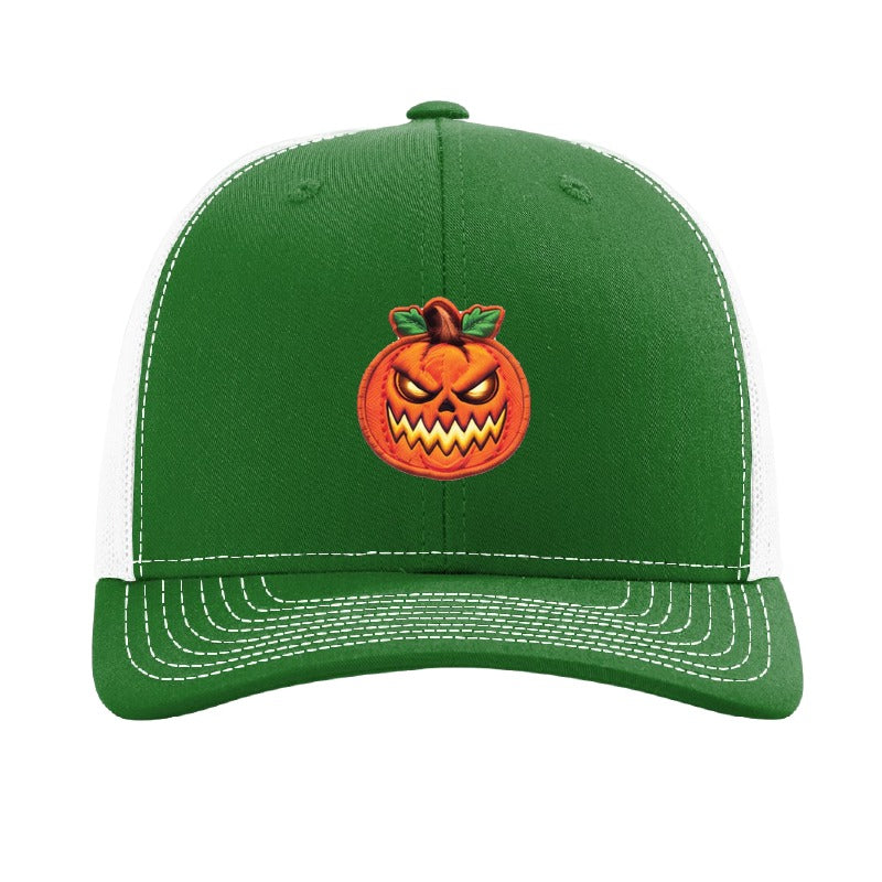 Wicked Grin jack-o'-lantern patch hat — Kelly Green/White