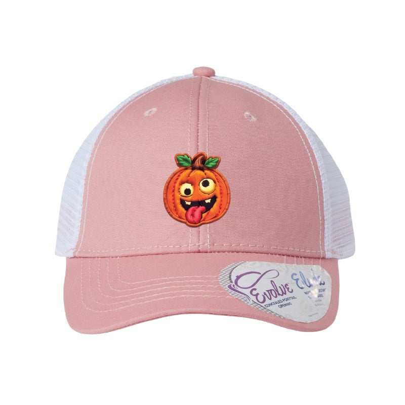 Wild Eyes jack-o'-lantern patch hat — Dusty Rose/White (Ponytail)