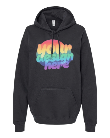 Black hoodie printed with a rainbow Your Design Here sample
