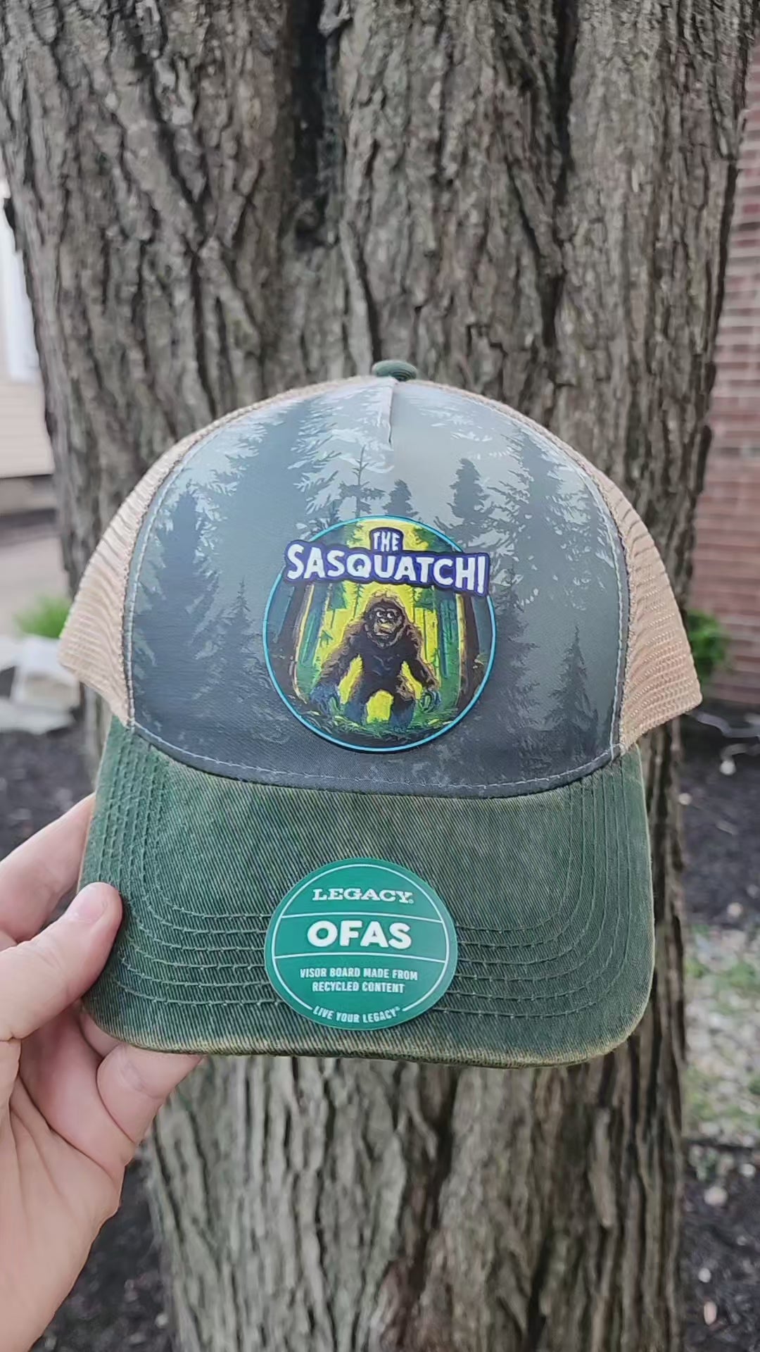 Load video: Bigfoot Sasquatch Hat | Pacific Northwest Hiking | Deep Forest Legacy Trucker Cap | Custom UV Printed Leather Patch
