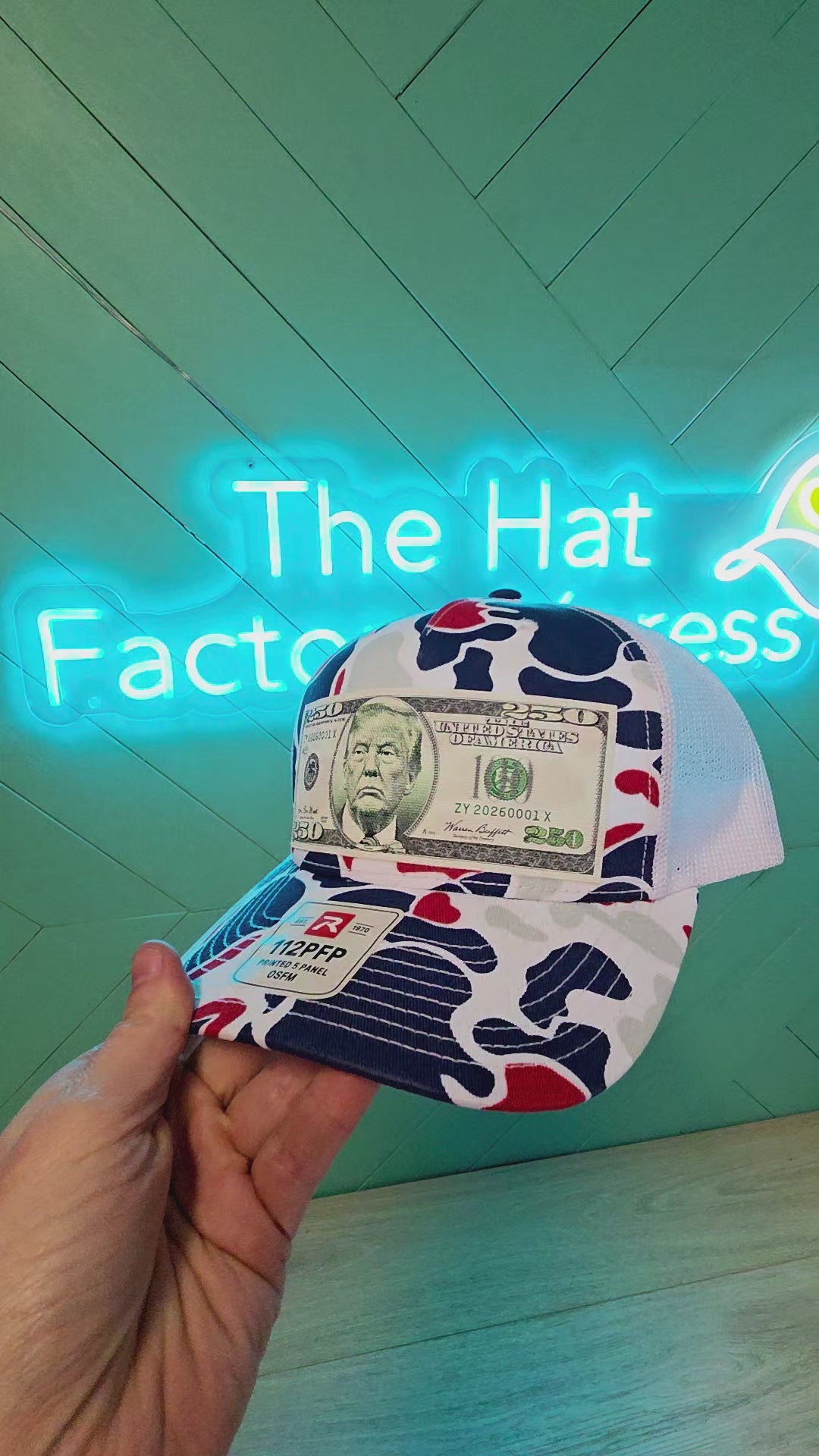 Load video: Trump $250 Dollar Bill Trucker Hat for Patriotic Novelty