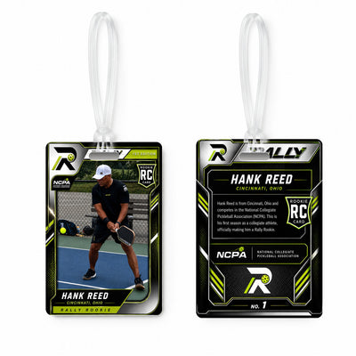 Rally bag tag, two-sided acrylic, front and back, with the player's Rally card and the clear loop