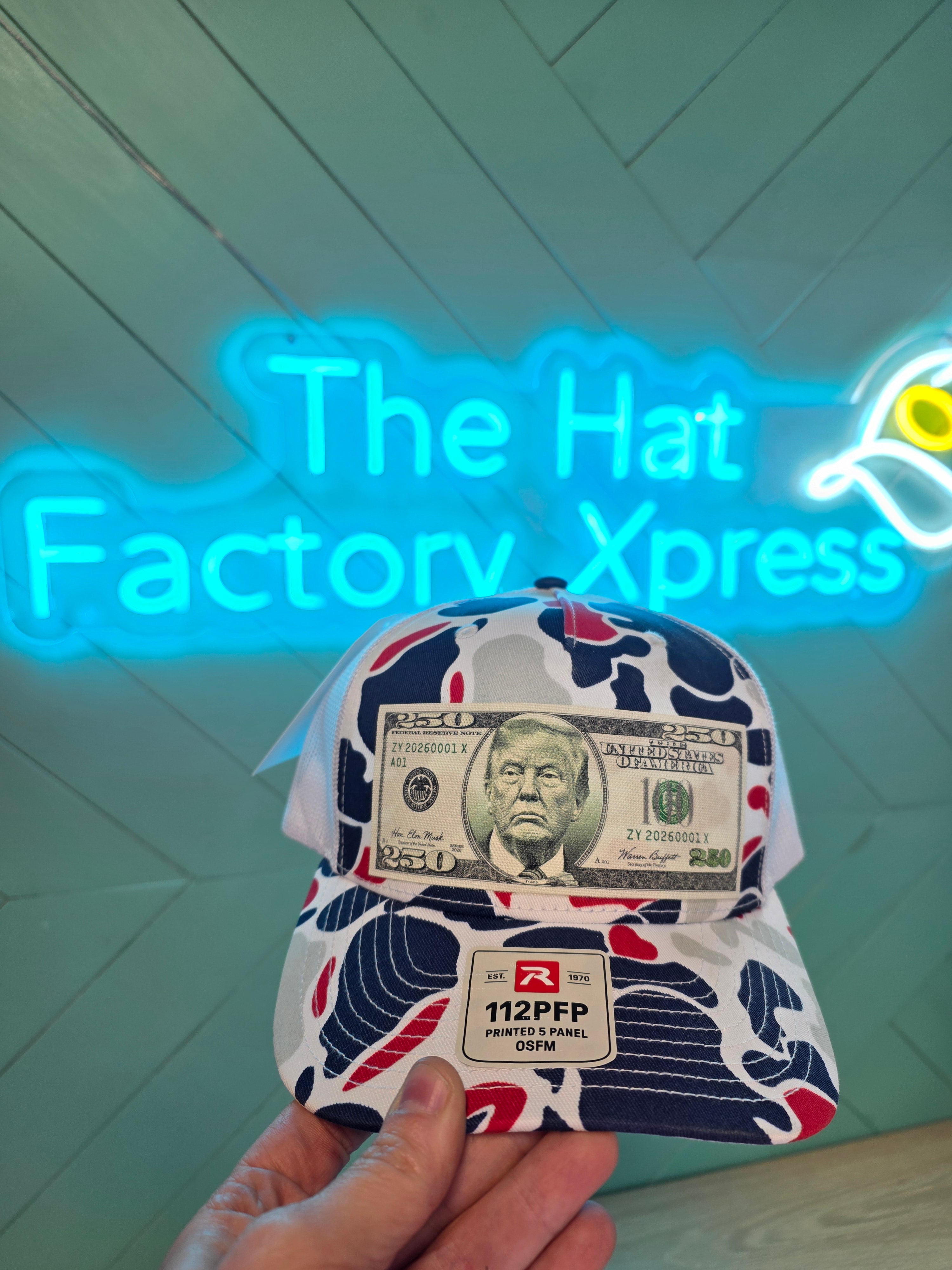 Trump $250 Dollar Bill Trucker Hat for Patriotic Novelty