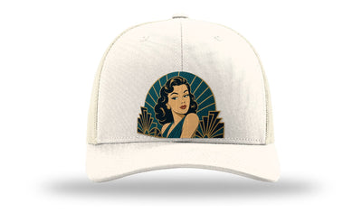 The Starlet art deco pin-up hat on a Richardson 112 trucker in Cream