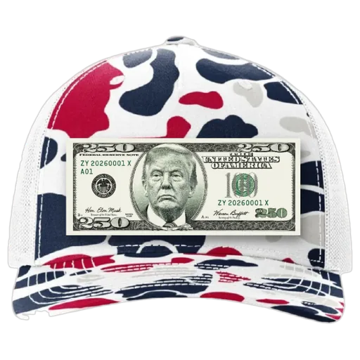 Trump $250 Dollar Bill Trucker Hat for Patriotic Novelty — patch hat by The Hat Factory Xpress