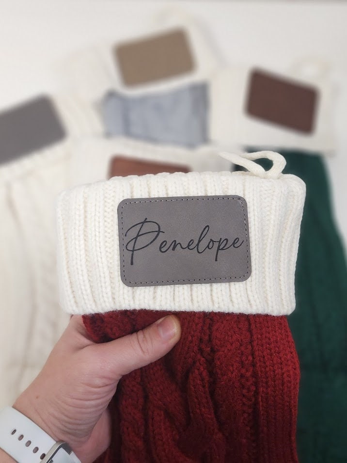 Knit Christmas Stocking with Personalized Leather Patch