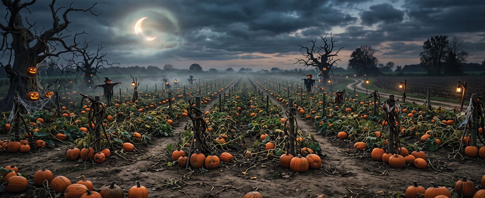 A pumpkin patch at dusk: rows of pumpkins running to a misty treeline under a crescent moon, with scarecrows, bare trees and lit lanterns along a dirt track